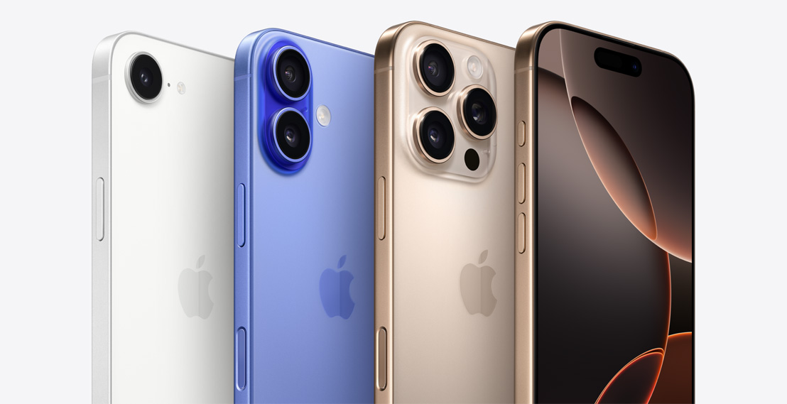 Four iPhone devices, including two iPhone 16 Pro models in Desert Titanium, one showing 3 camera lenses behind the other iPhone 16 Pro showing the Dynamic Island. Next to an iPhone 16 model in Ultramarine showing 2 camera lenses and an iPhone 16e model in White showing 1 camera lens.