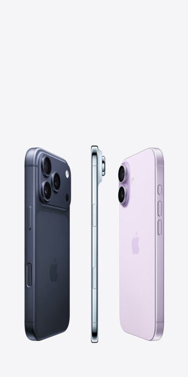 جهاز iPhone 17 Pro، الجانب الخلفي الخارجي، نظام كامير Pro Fusion يمتد في الجزء العلوي، جهاز iPhone Air، جانب نحيف للغاية من التيتانيوم، جهاز iPhone 17، الجانب الخلفي الخارجي، نظام الكاميرا المزدوجة المتطور في الزاوية العلوية اليسرى