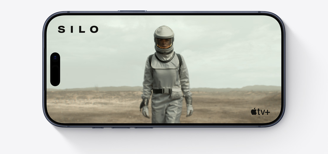 Vorderseite eines iPhone im Querformat, Apple TV Clip mit einer Person im Raumanzug, Silo
