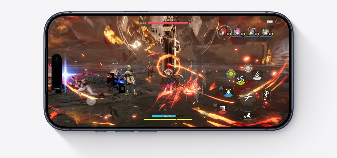 iPhone 17 Pro, Vorderseite, zeigt die Leistungsfähigkeit des A19 Pro Chip mit einer Szene aus dem Videospiel «Arknights: Endfield»