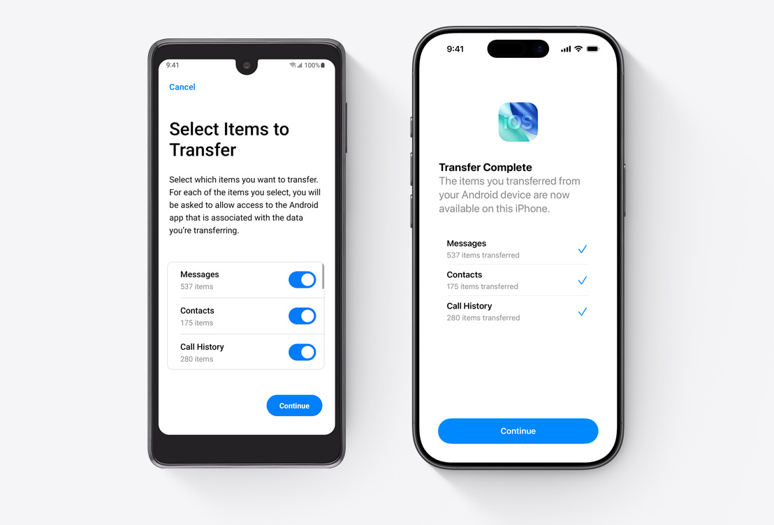 Bersisian, layar Android menampilkan Aplikasi Pindah ke iOS, dan layar iPhone menampilkan Aplikasi Pindah ke iOS