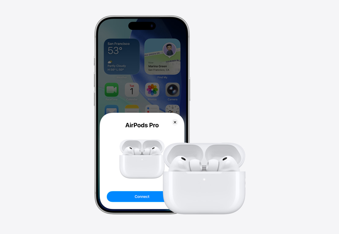 iPhone 17 Pro, Vorderansicht, Homescreen im Hintergrund, Einblendung zur AirPods Verbindung auf dem Display, AirPods im geöffneten Case neben dem iPhone