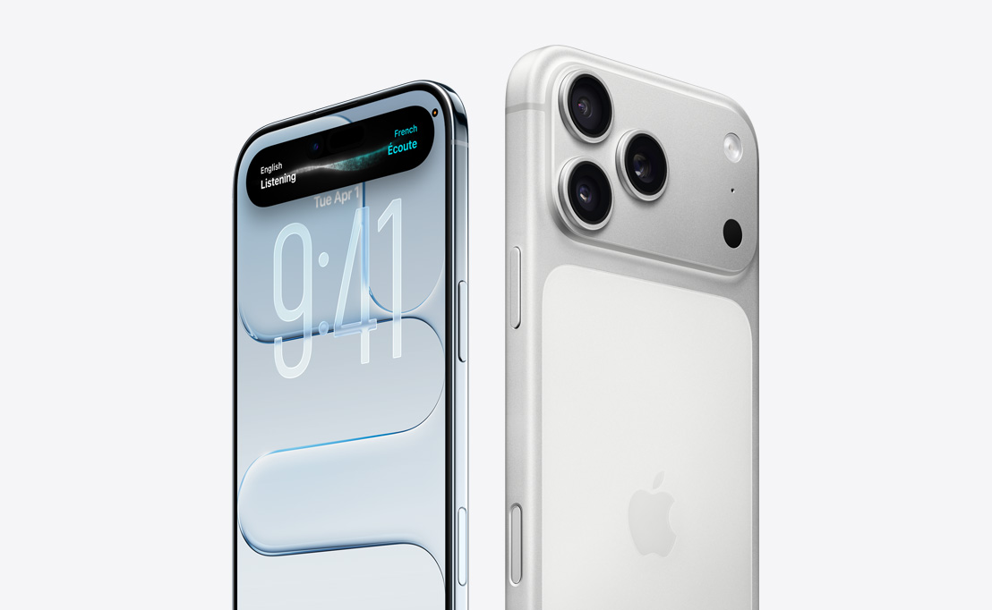 iPhone Air Vorderseite mit Liquid Glass Display und Dynamic Island, dünner Titanrand, iPhone 17 Pro Rückseite mit Pro Kamera-System oben links