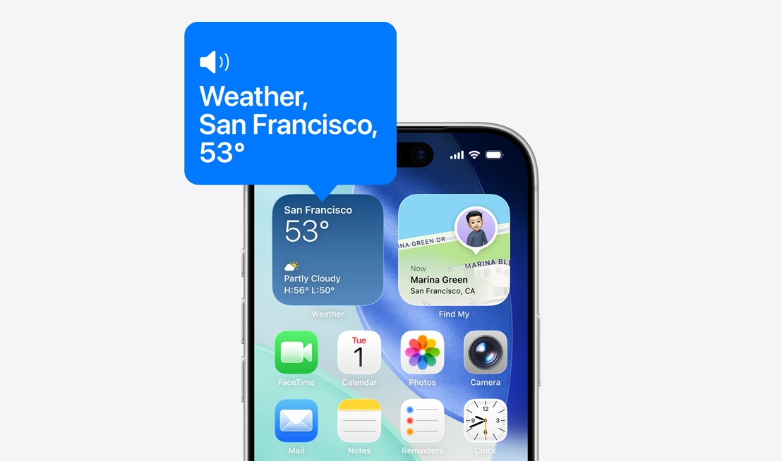 Layar home iPhone, ikon widget cuaca sedang dibacakan dengan VoiceOver