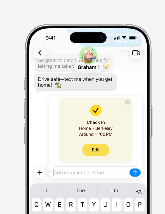 Ein iPhone Display zeigt einen Nachrichten Thread mit dem Wegbegleitung Feature