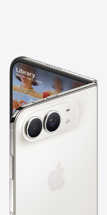 iPhone Duo, Star White color, complete back exterior, Apple logo in center, 48MP Dual Fusion camera system, partial front interior, photo library displayed on screen