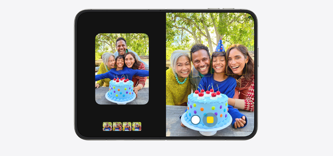 iPhone Duo, opened in a horizontal position, series of iPhone photos side by side on both screens, close-up of a child and and three adults smiling with a birthday cake.