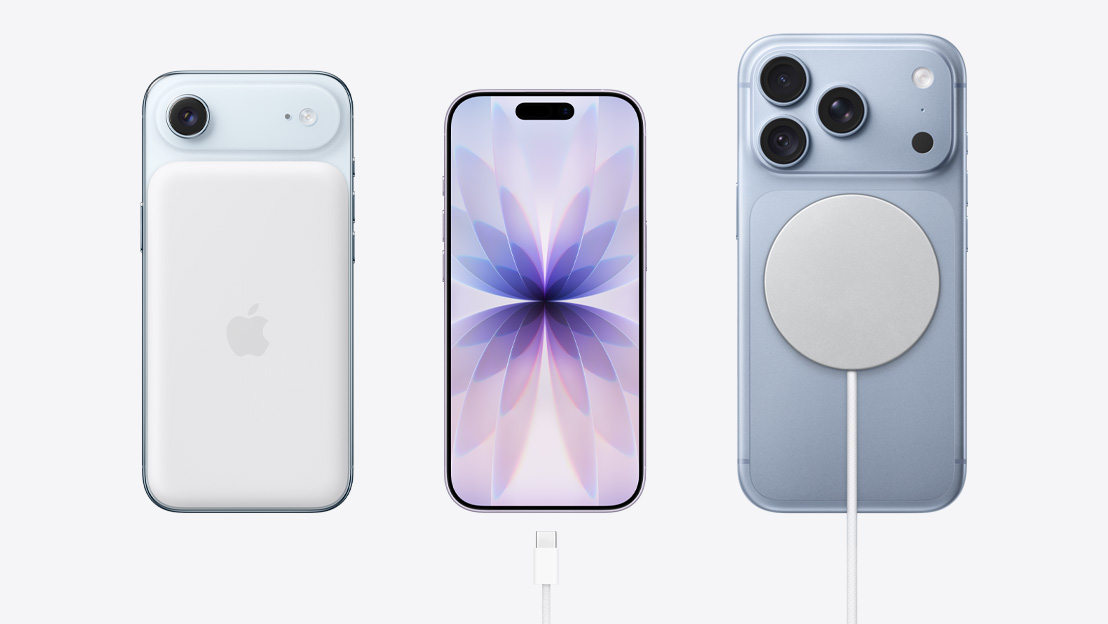 iPhone models shown side by side, iPhone Air, back exterior, Cloud White color with MagSage battery, iPhone 17, front exterior, generic wallpaper displayed on screen, iPhone 18 Pro, back exterior featuring TechWoven Case with MagSafe in Navy Blue, MagSafe charger