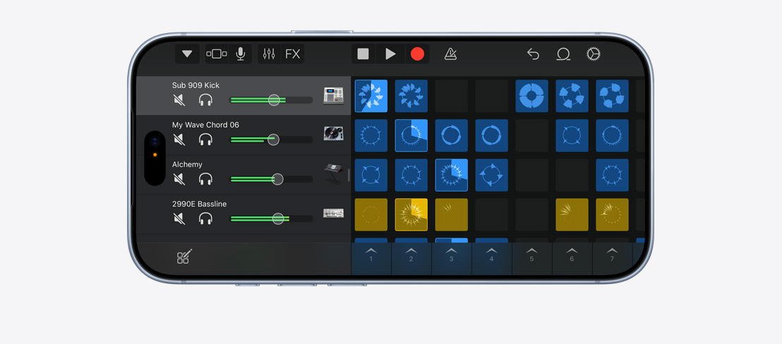 iPhone 18 Pro, Glacier color, front exterior in a horizontal position, Garage Band in use