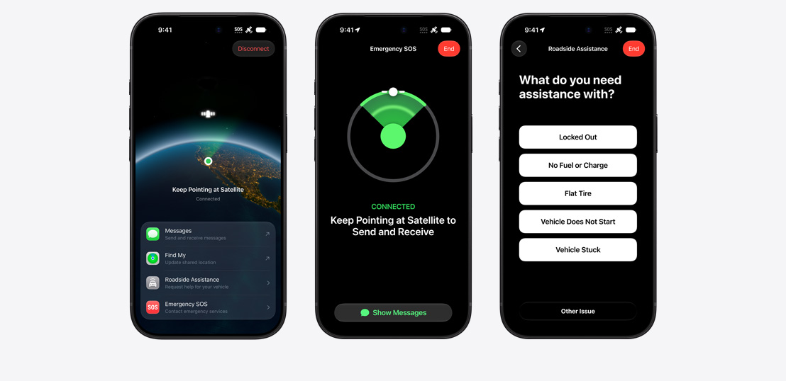 Three iPhone models side by side, display showing Messages, Find My, Roadside Assistance widgets available via Satellite, iPhone screen showing Emergency SOS in use, iPhone screen showing Roadside Assistance in use