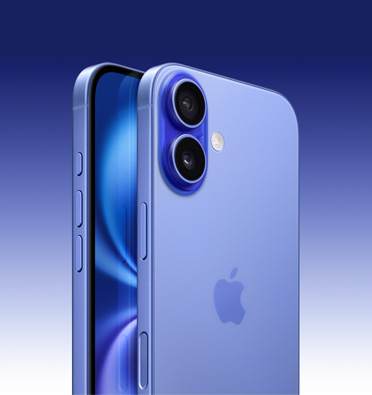 iPhone 16 in Ultramarine finish, partial-screen display and side angle shows Action, volume and side button. Back exterior shows advanced dual-camera system in top left corner.