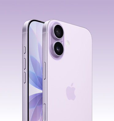 iPhone 17 in Lavender finish, partial screen display and side angle shows Action button, volume buttons and side button Back exterior shows Dual Fusion camera system in top left corner