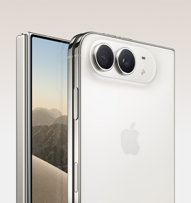 iPhone Duo, Star White color, angled to the left, inner display with display screen showing an image of a dessert, iPhone Duo, Star White color, angled to the left, closed, back exterior, 48MP Dual Fusion rear cameras in top corner, two lenses, microphone, flash