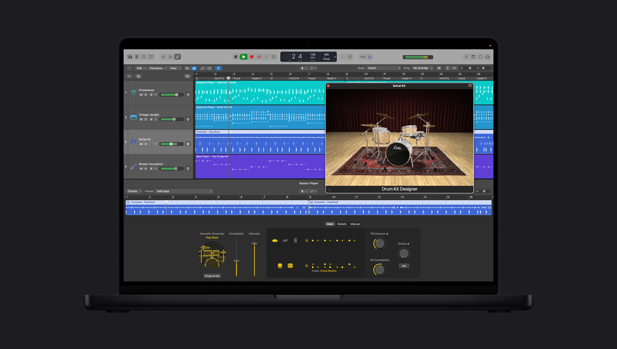 Pantalla de una MacBook Pro de 16 pulgadas que muestra Acoustic Drummer, la ventana de SoCal Kit está abierta con Drum Kit Designer, a la izquierda hay filas de Crosswaves, Vintage Upright, SoCal Kit, Simple Foundation, en la parte inferior están los controles de Acoustic Drummer Pop Rock