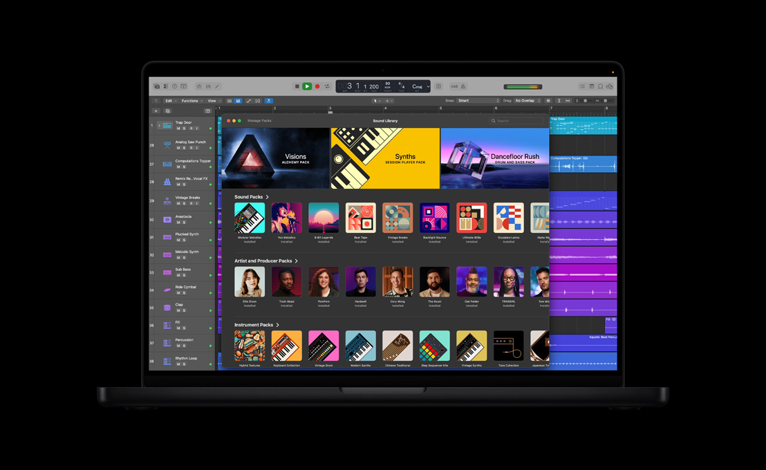 Pantalla de una MacBook Pro de 16 pulgadas que muestra la Biblioteca de Sonidos, así como paquetes de sonidos, artistas, productores e instrumentos