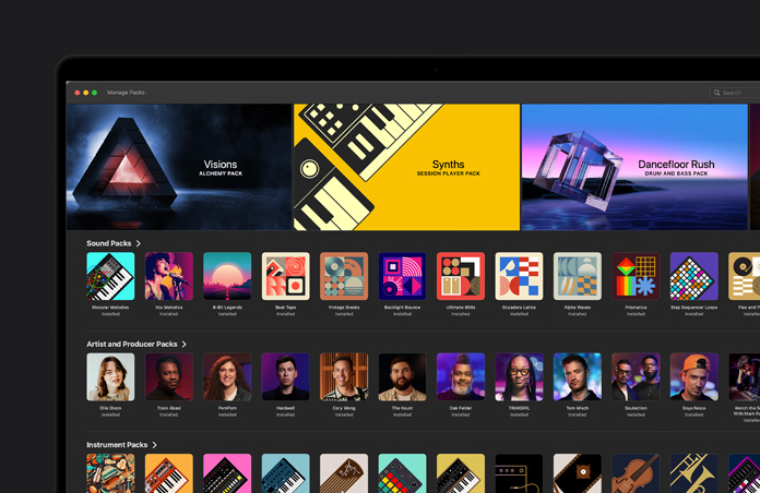Pantalla de Mac que muestra decenas de paquetes de sonidos, artistas, productores e instrumentos