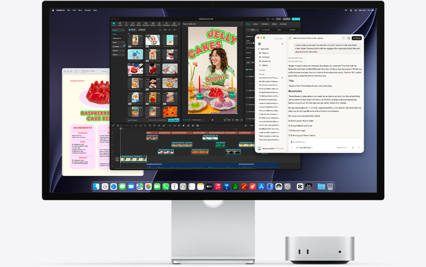 Parte frontal de una Mac mini, colocada debajo de un monitor Studio Display, la pantalla muestra las apps Perplexity Personal Computer, CapCut y Pages ejecutándose en macOS