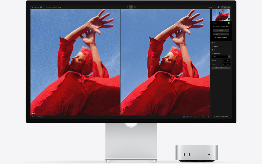 Parte frontal de una Mac mini, ubicada debajo de un monitor Studio Display, app Topaz Photo ejecutándose en macOS