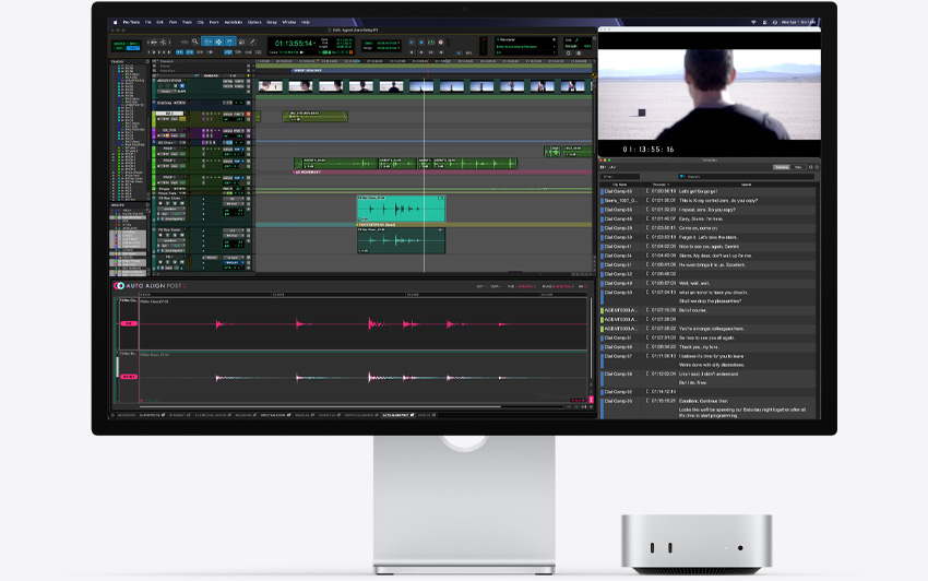Parte frontal de una Mac mini, ubicada debajo de un monitor Studio Display, Pro Tools con el plug-in Auto-Align Post 2 ejecutándose en macOS