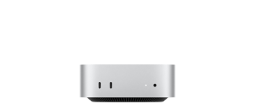 Mac mini, parte frontal, dos puertos Thunderbolt, luz indicadora de estado y entrada para audífonos, base cónica negra en la parte inferior, superficie plana en la parte superior, lados redondeados, bordes rectos, color plata