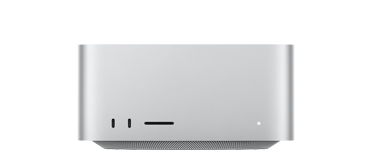 Parte frontal de una Mac Studio color plata, dos puertos USB‑C, ranura para tarjeta SDXC, luz indicadora de estado, base cónica en la parte inferior, superficie plana en la parte superior, lados redondeados y bordes rectos