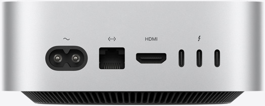 Parte posterior de una Mac mini, entrada para cable de corriente, puerto Ethernet, puerto HDMI, tres puertos Thunderbolt