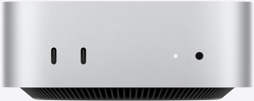 Mac mini, parte frontal, dos puertos Thunderbolt, luz indicadora de estado y entrada para audífonos, base cónica negra en la parte inferior, superficie plana en la parte superior, lados redondeados, bordes rectos, color plata