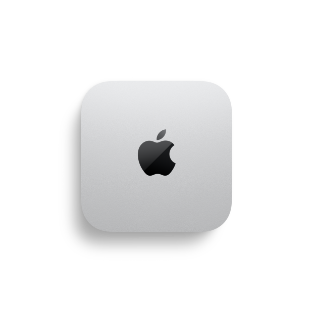 Vista desde arriba, Mac mini, sus dimensiones de 5 pulgadas se indican junto a la parte lateral izquierda y la parte inferior del dispositivo, aluminio color plata, cuadrada, esquinas redondeadas, logo de Apple negro brillante en el centro