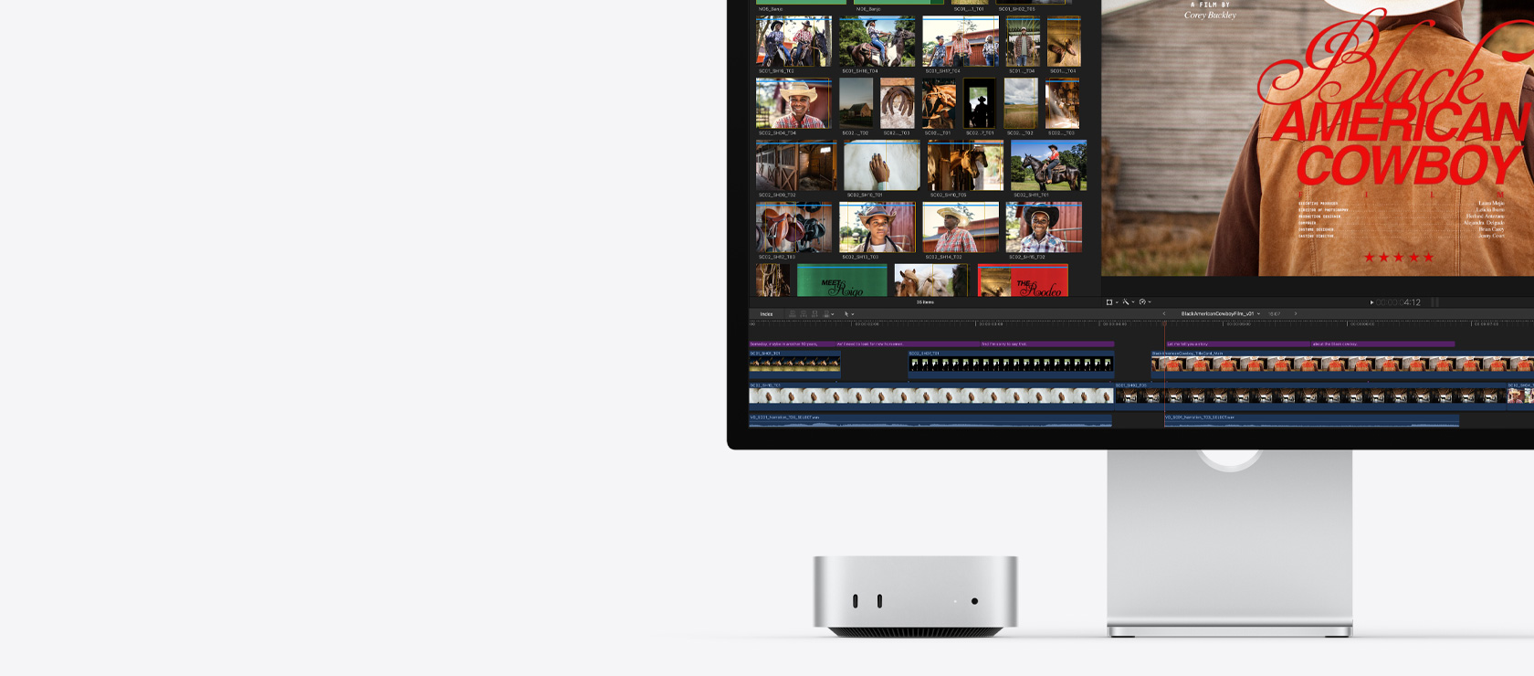 Una Mac mini conectada a un monitor Studio Display, la pantalla muestra el título de una película llamada Black American Cowboy a la derecha, con varias fotos a la izquierda
