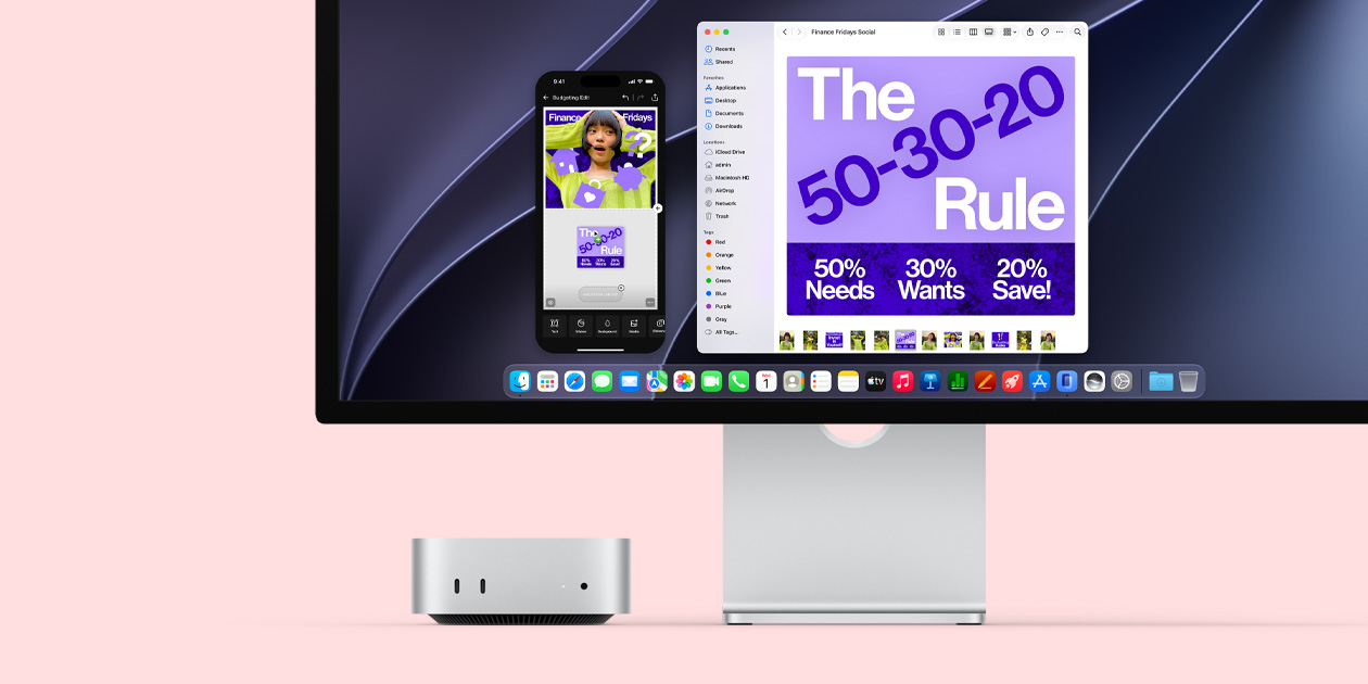Parte frontal de una Mac mini ubicada debajo de un monitor Studio Display, la pantalla muestra la pantalla de un iPhone duplicada con una publicación sobre finanzas en redes sociales