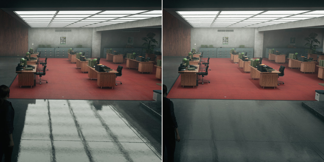 Comparación de dos imágenes una al lado de la otra, la imagen de la izquierda muestra un espacio abierto de oficina con el trazado de rayos activado, las luces del techo se reflejan intensamente en el piso, la imagen de la derecha muestra el mismo espacio de oficina con el trazado de rayos desactivado, el reflejo de las luces del techo es más sutil y difuminado