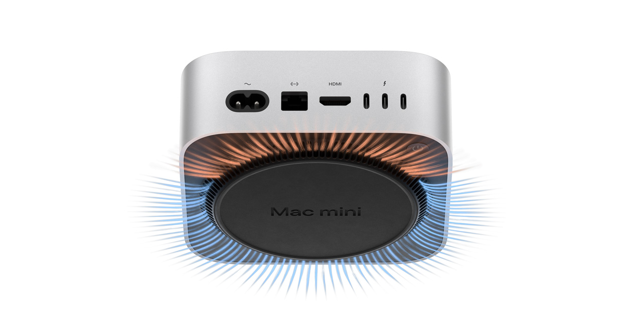 Vista inferior, Mac mini, muestra el sistema térmico y de ventilación debajo de la carcasa de aluminio