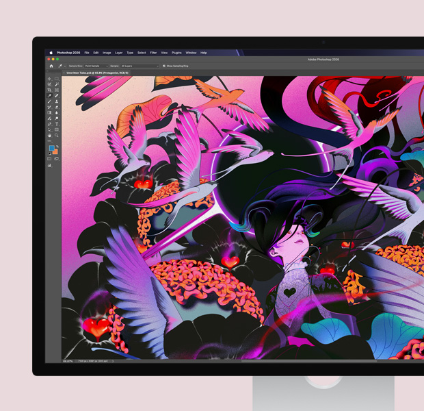 Studio Display, software de edición Adobe Photoshop, la pantalla muestra una imagen de arte abstracto