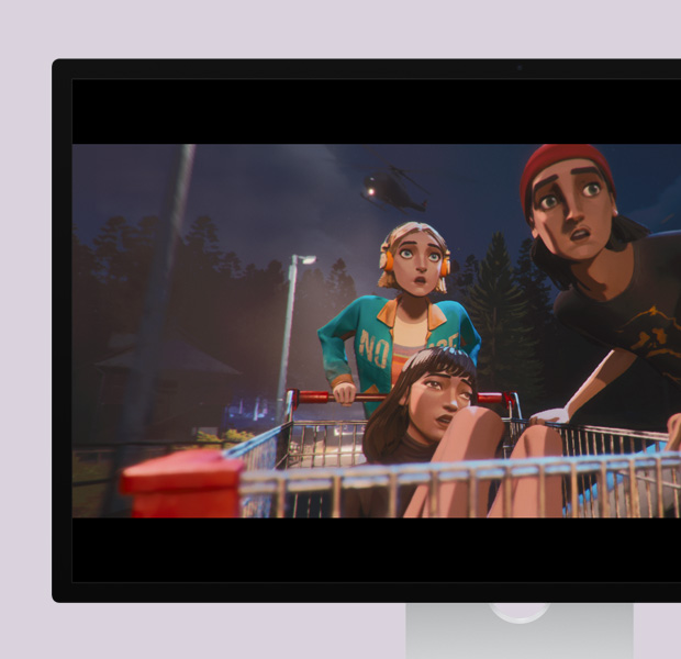 Monitor Studio Display, la pantalla muestra un evento llamado Secret Handshake del juego Mixtape, con instrucciones sobre cómo usar los botones del control en la parte inferior derecha