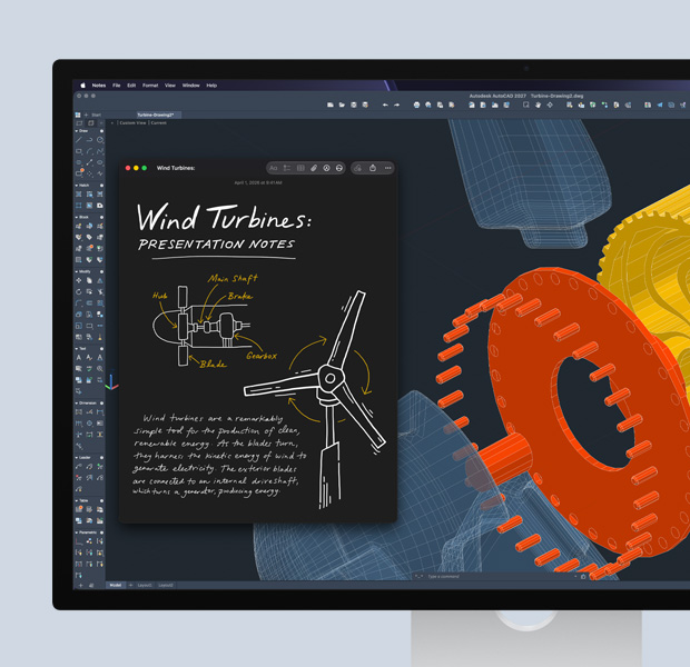 Monitor Studio Display, software Autodesk AutoCAD abierto, la pantalla muestra un proyecto de STEM junto a la app Notas