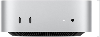 Mac mini, front, two Thunderbolt ports, status indicator light and headphone jack, tapered black base at bottom, flat top, rounded sides, straight edges, silver color