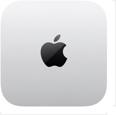 Mac mini, top, silver aluminum, square, rounded corners, glossy black Apple logo centered