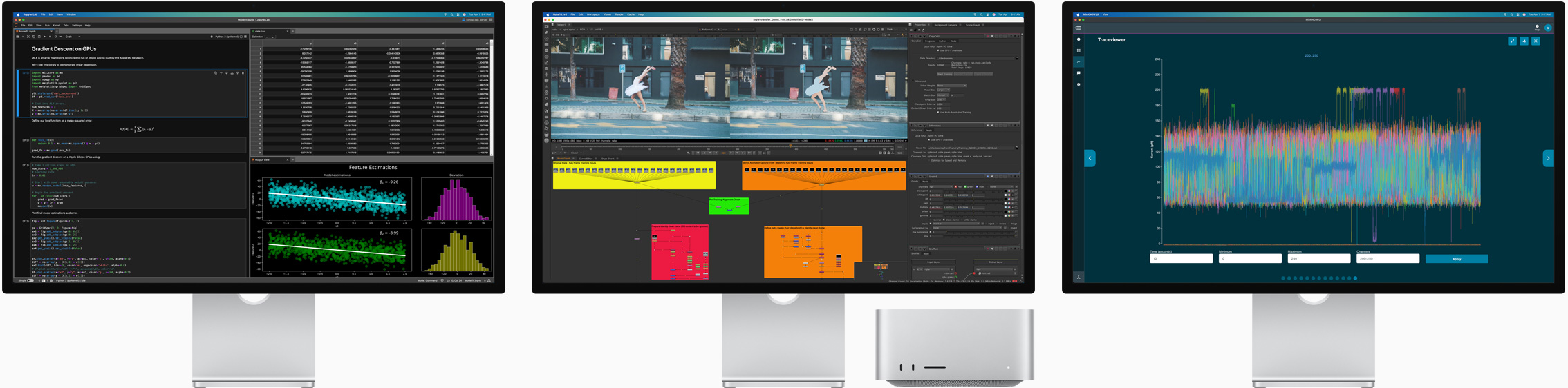 각 화면에 서로 다른 macOS 앱이 열려 있는 Studio Display 세 대와 Mac Studio