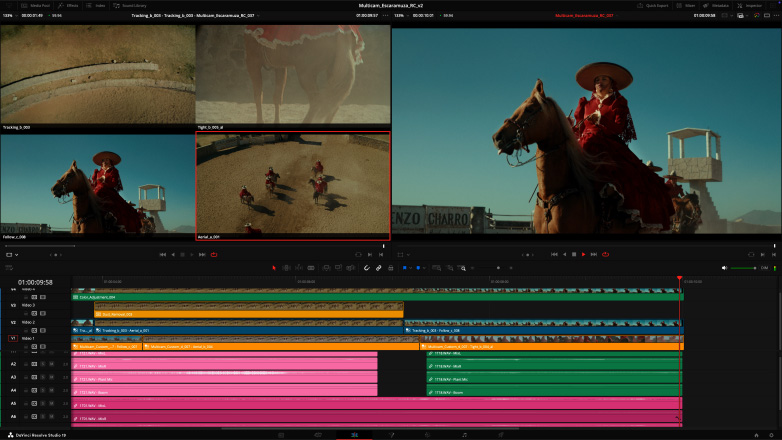 Studio Display und Mac Studio mit einem Workflow zur Videobearbeitung mit mehreren Kameras in DaVinci Resolve Studio