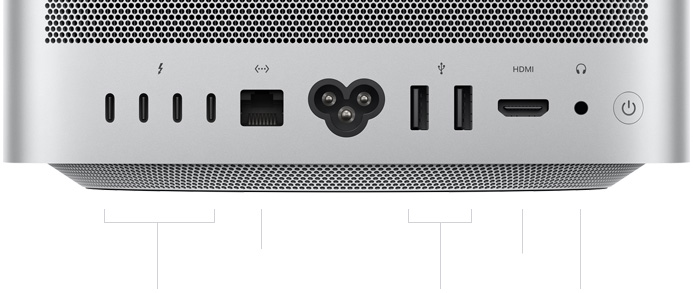 Mac Studio, parte posterior, ventilación de aluminio perforado, cuatro puertos Thunderbolt 5, puerto Ethernet, entrada para cable de corriente, dos puertos USB-A, puerto HDMI, entrada para audífonos y botón de encendido