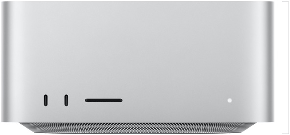 Mac Studio, parte frontal, dos puertos USB-C, ranura para tarjeta SDXC, luz indicadora de estado, base cónica en la parte inferior, superficie plana en la parte superior, lados redondeados, bordes rectos, color plata