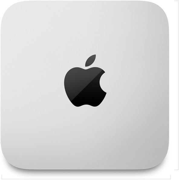 Mac Studio, parte superior, aluminio color plata, forma cuadrada, esquinas redondeadas, logo de Apple en el centro en color negro brillante
