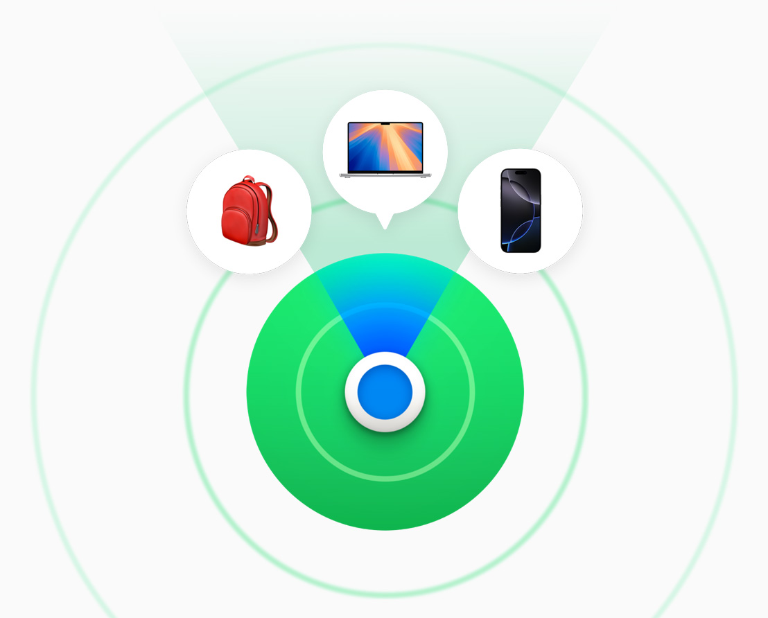 Image montrant l’app Localiser et quelques-uns des appareils qu’elle peut suivre, comme un ordinateur portable Mac et un iPhone.