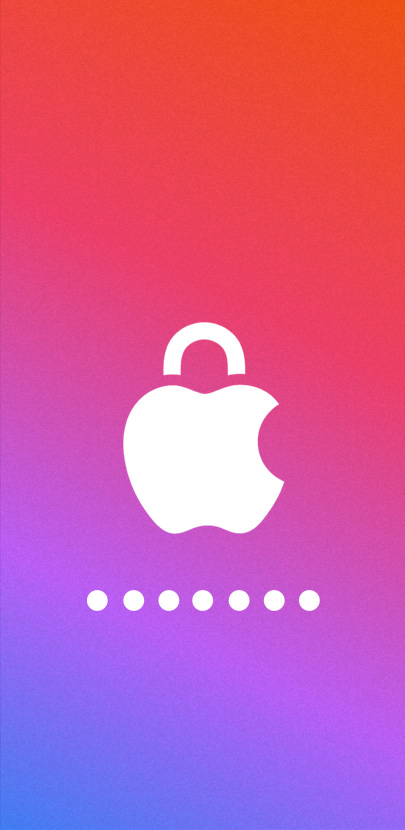 Le logo Apple modifié pour ressembler à un cadenas verrouillé, souligné de pointillés figurant un mot de passe masqué.