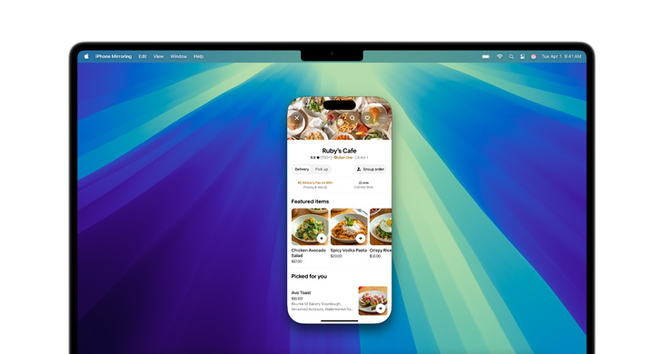 MacBook Pro à puce M4 affichant l’app DoorDash avec la recopie d’iPhone.