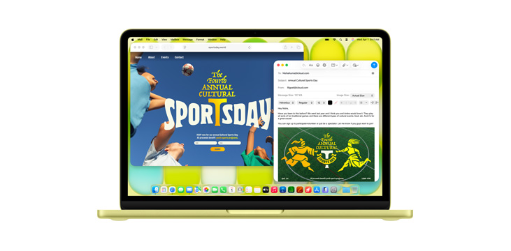 MacBook Neo 上開啟多個 app，包括 Safari 和郵件，展示一張寫著「The fourth annual cultural sports day」的宣傳單張。