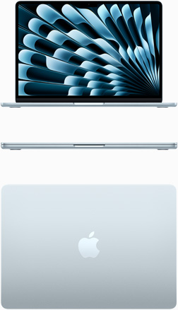 Vista desde arriba y de la parte frontal de una MacBook Air azul cielo
