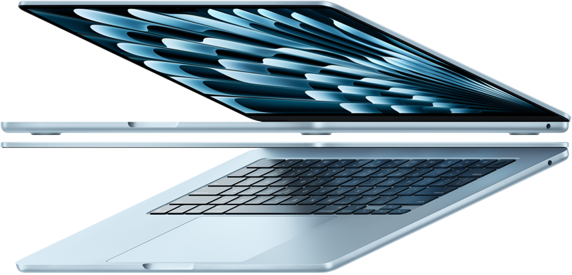 Dos laptops MacBook Air azul cielo abiertas y superpuestas que forman una flecha para mostrar su perfil delgado