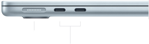 MacBook Air, tertutup, sisi kiri, memperlihatkan MagSafe dan dua port Thunderbolt