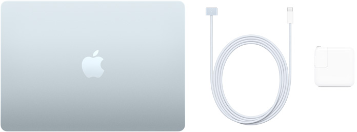 Un MacBook Air 13 pouces, un câble USB-C vers MagSafe 3 et un adaptateur d’alimentation USB-C 30 watts